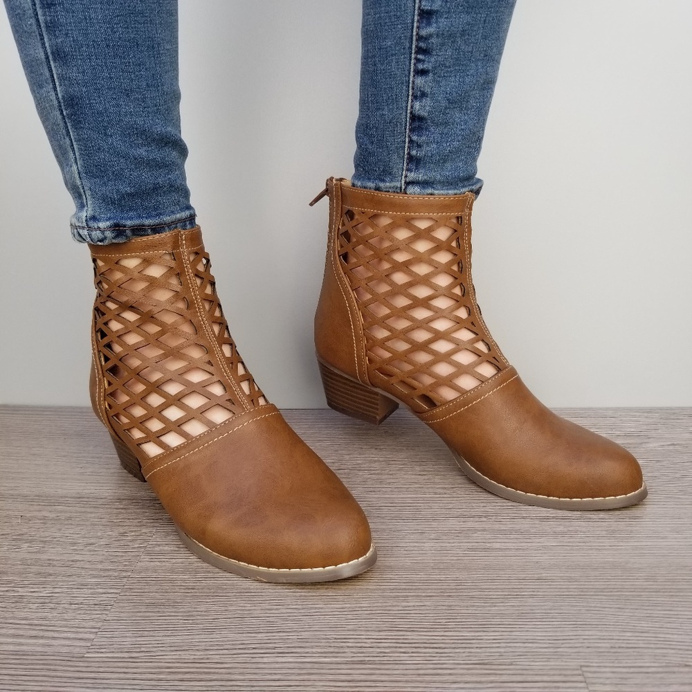 Brown Cut out Ankle Perforated Spring Boots - Picture 2 of 8